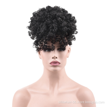 High Puff Afro Kinky Curly Wig Ponytail Drawstring Short Pony Tail Warp Bun Chignon with Bang Synthetic Hair Extensions